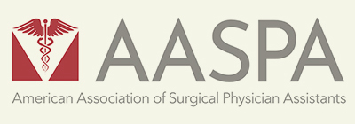 Logo of the American Association of Surgical Physician Assistants (AASPA). It features a red and white emblem with a caduceus symbol and a serpent wrapped around a rod, accompanied by the letters "AASPA" and the full name written below.