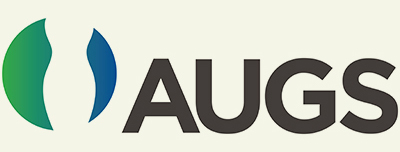 Logo of AUGS featuring two curved shapes, one green and one blue, next to the acronym AUGS in bold, black letters. The background is off-white.