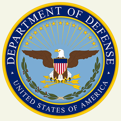 The image shows the emblem of the United States Department of Defense. It features a bald eagle with outstretched wings, holding three arrows and an olive branch, surrounded by a blue and gold circle with the text "Department of Defense" and "United States of America.