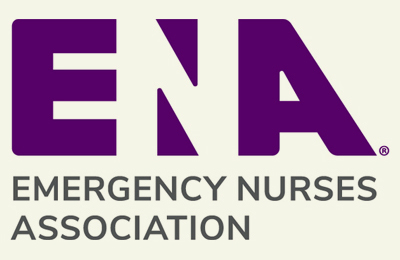Logo of the Emergency Nurses Association (ENA), featuring the letters "ENA" in large, bold, uppercase purple text. Below it, the words "EMERGENCY NURSES ASSOCIATION" are written in smaller, gray, uppercase text.