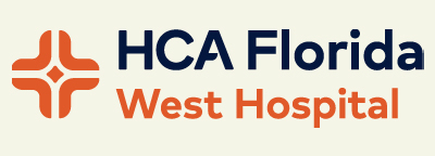 Logo for HCA Florida West Hospital. The design includes an orange medical cross symbol to the left, with the text "HCA Florida" in dark blue and "West Hospital" in orange to the right. The background is light-colored.
