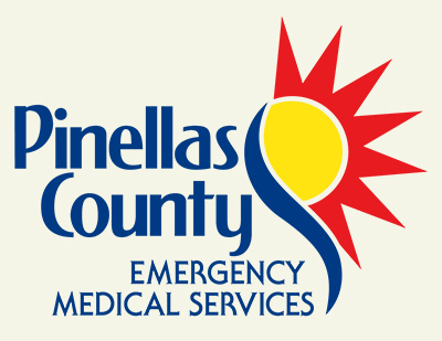 Logo for Pinellas County Emergency Medical Services features the text "Pinellas County" in blue with "EMERGENCY MEDICAL SERVICES" below. To the right, there's a stylized sun in yellow with red rays and a blue swoosh design.