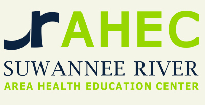 Logo for the Suwannee River Area Health Education Center (AHEC). The logo features the acronym "AHEC" in green capital letters beside a stylized blue element resembling an abstract river. Below, it says "Suwannee River Area Health Education Center" in black capital letters.