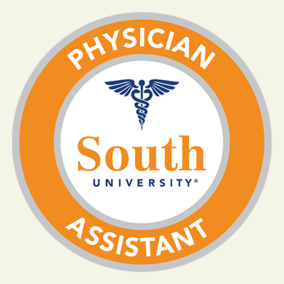 Logo of South University’s Physician Assistant program. The design includes a caduceus symbol above the text "South University" in the center, enclosed by a circular border with "Physician Assistant" written around it. The color scheme is primarily orange and white.