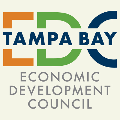 Logo of the Tampa Bay Economic Development Council featuring the acronym "EDC" with each letter in a different color: orange, green, and blue. The words "TAMPA BAY" are centrally placed in bold black text. The full name is written below in smaller gray text.