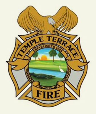 The image displays the Temple Terrace Fire Department logo. It features an eagle atop a shield with "Temple Terrace" and "Fire" written on it. The center depicts a sunrise over a river with wildlife. The banner reads "Established 1925".
