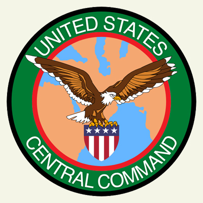 United States Central Command logo featuring a bald eagle with outstretched wings perched atop a shield with a stars and stripes motif against a background of a world map, encircled by a green border with the text "United States Central Command.
