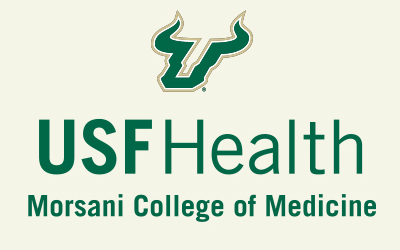 USF Health logo with a green bull symbol above the words "USF Health" in bold letters, followed by "Morsani College of Medicine" in smaller text, all on a light background.