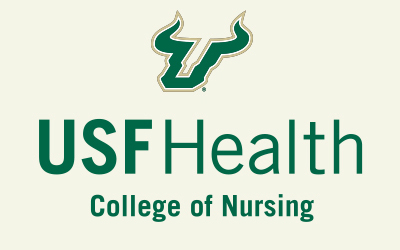 The image features the USF Health logo with a green and gold bull symbol above the text. Below, it reads "USF Health College of Nursing" in green font. The background is light beige.