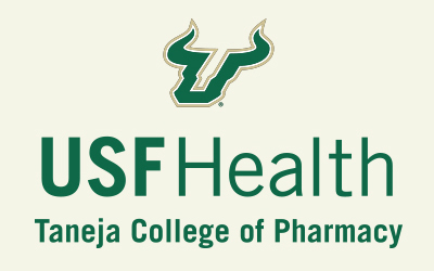 Logo for USF Health Taneja College of Pharmacy featuring a stylized green bull head above the text. The text reads "USF Health" in larger green font and "Taneja College of Pharmacy" in smaller green font below it. The background is light beige.