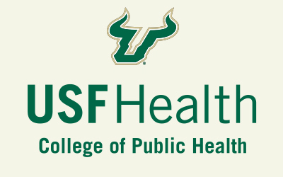 USF Health College of Public Health logo featuring a stylized green and gold bull head above the text "USF Health" and "College of Public Health" written below in green lettering.