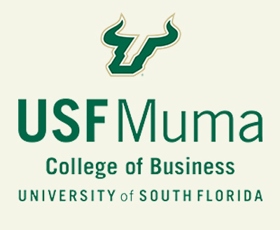 Logo of the USF Muma College of Business, part of the University of South Florida, featuring the school's green and gold bull logo above the text.