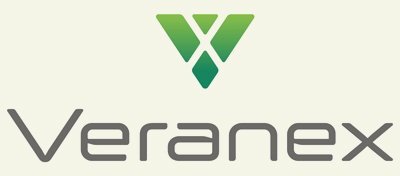 The image features the logo for "Veranex," displaying the company name in a modern, sans-serif font. Above the text is a geometric design with three green, gradient triangles forming a stylized "V" shape.