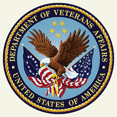 U.S. Department of Veterans Affairs logo - features a bald eagle holding an American flag in its talons, set against a blue background with gold stars. The outer border reads "Department of Veterans Affairs United States of America.