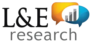 Logo of L&E Research with overlapping orange and blue speech bubbles. The orange bubble contains a white area with ascending gray bar graphs, symbolizing data or progress. The text L&E Research is in bold black letters below the speech bubbles.