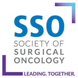 Logo of the Society of Surgical Oncology (SSO). The text "SSO" is in large blue letters, with "Society of Surgical Oncology" written below in gray. The logo features purple and blue corner lines framing the top right and bottom left, with "Leading. Together." at the bottom.