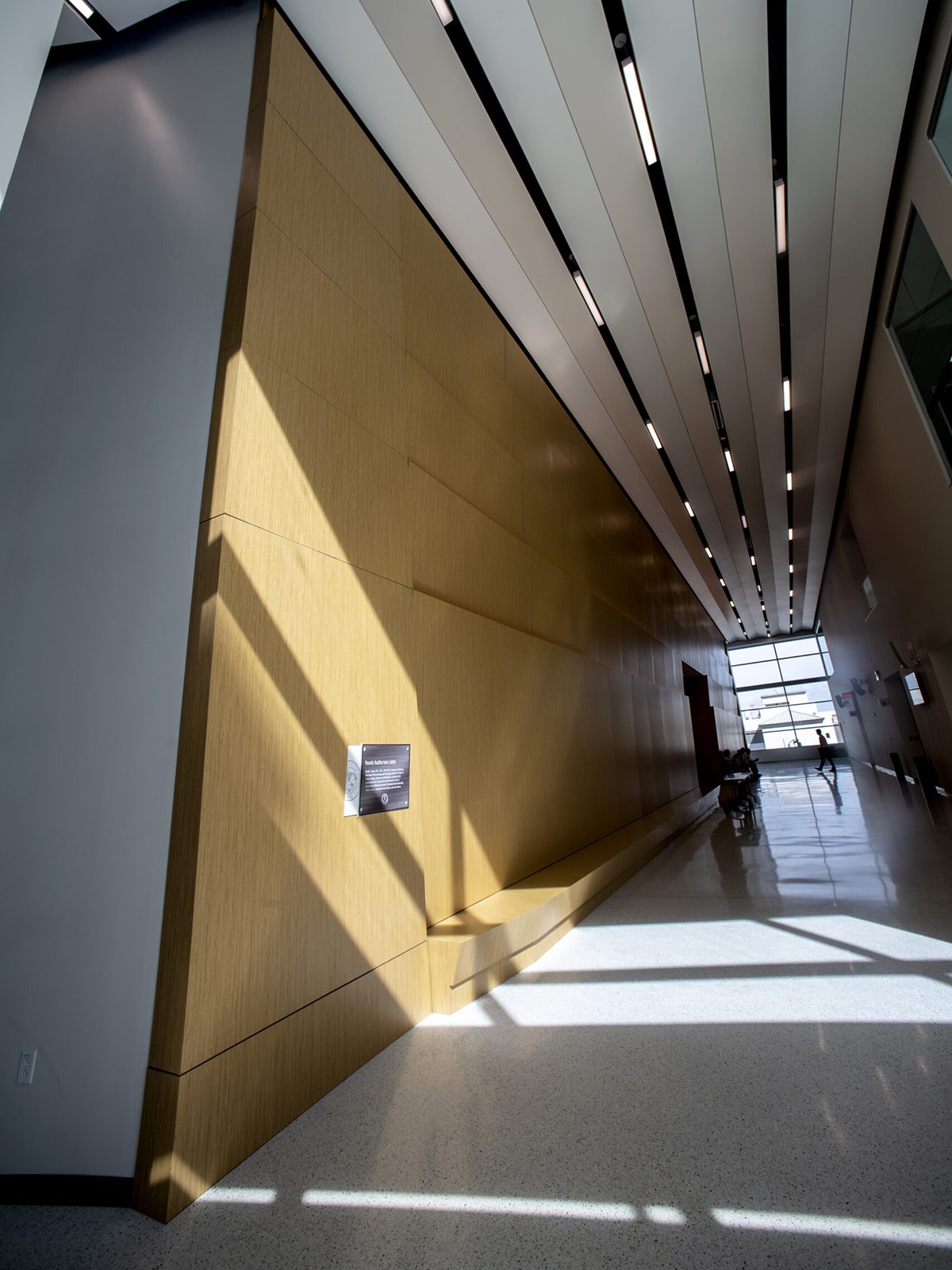 A modern, minimalist interior hallway with a high ceiling. The hallway features narrow, long ceiling lights, wood-paneled walls, and a polished floor. Sunlight streams through the large windows at the far end, casting geometric shadows on the walls and floor.